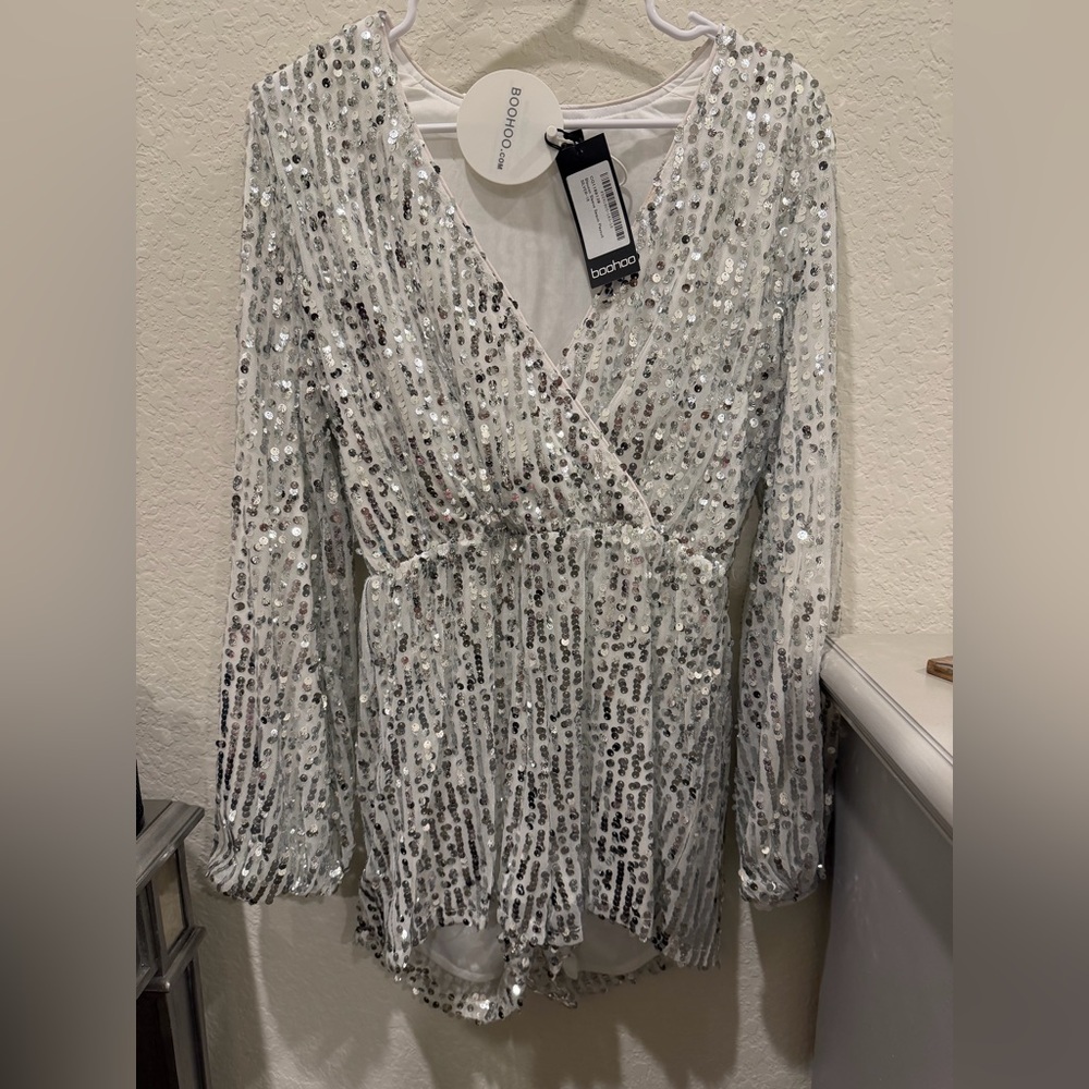 NEW Boohoo Shimmering Silver Sequins Romper